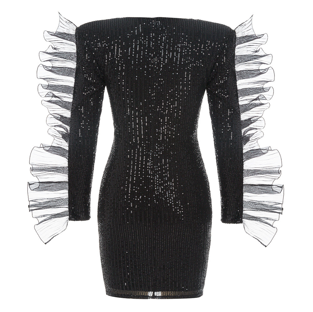 Long Sleeve Ruffle Detail Sequined Dress HV8965