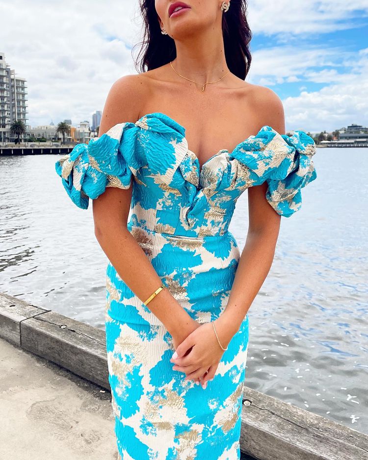 Puff Off The Shoulder Midi Dress Blue HV8487