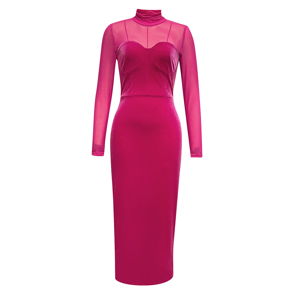Mesh Long Sleeve Midi Velvet Dress HV9005