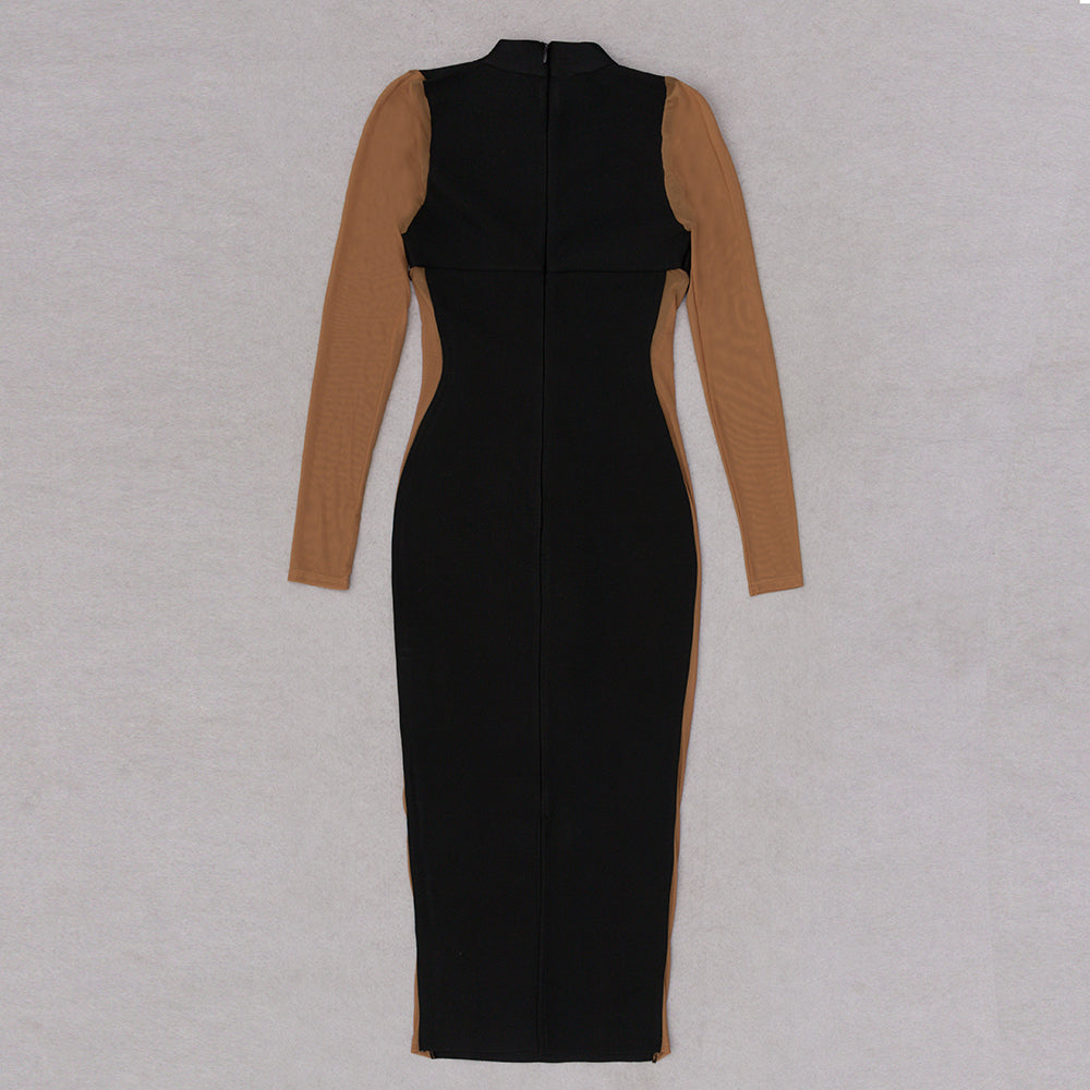 Long Sleeve Mesh Insert Midi Dress V8992