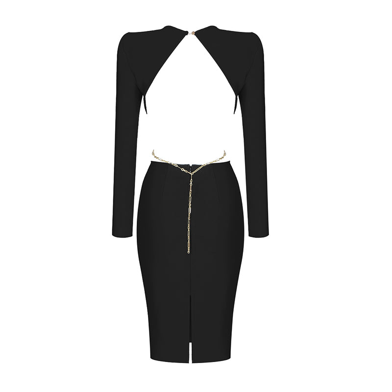 Long Sleeve Backless Chain Midi Dress HV7850