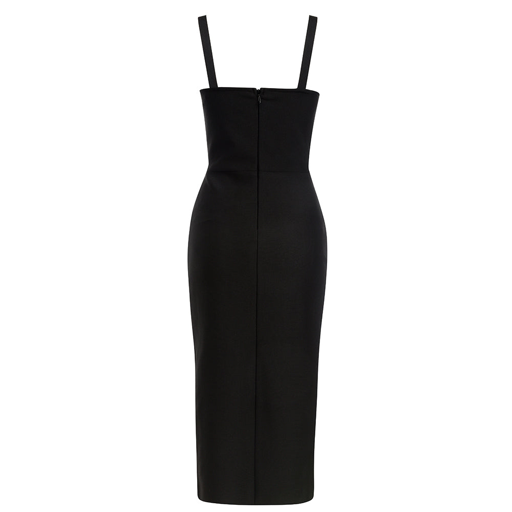 W Neck Split Midi Dress Black HV8527