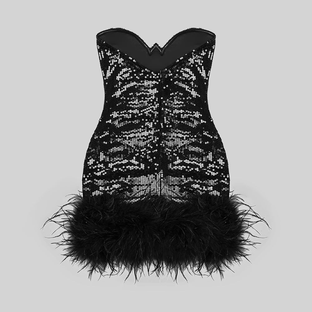 One Sleeve Sequin Feather Dress Black HV9078