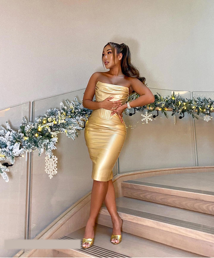 Strapless Draped Corset Faux Leather Dress Gold HV8839