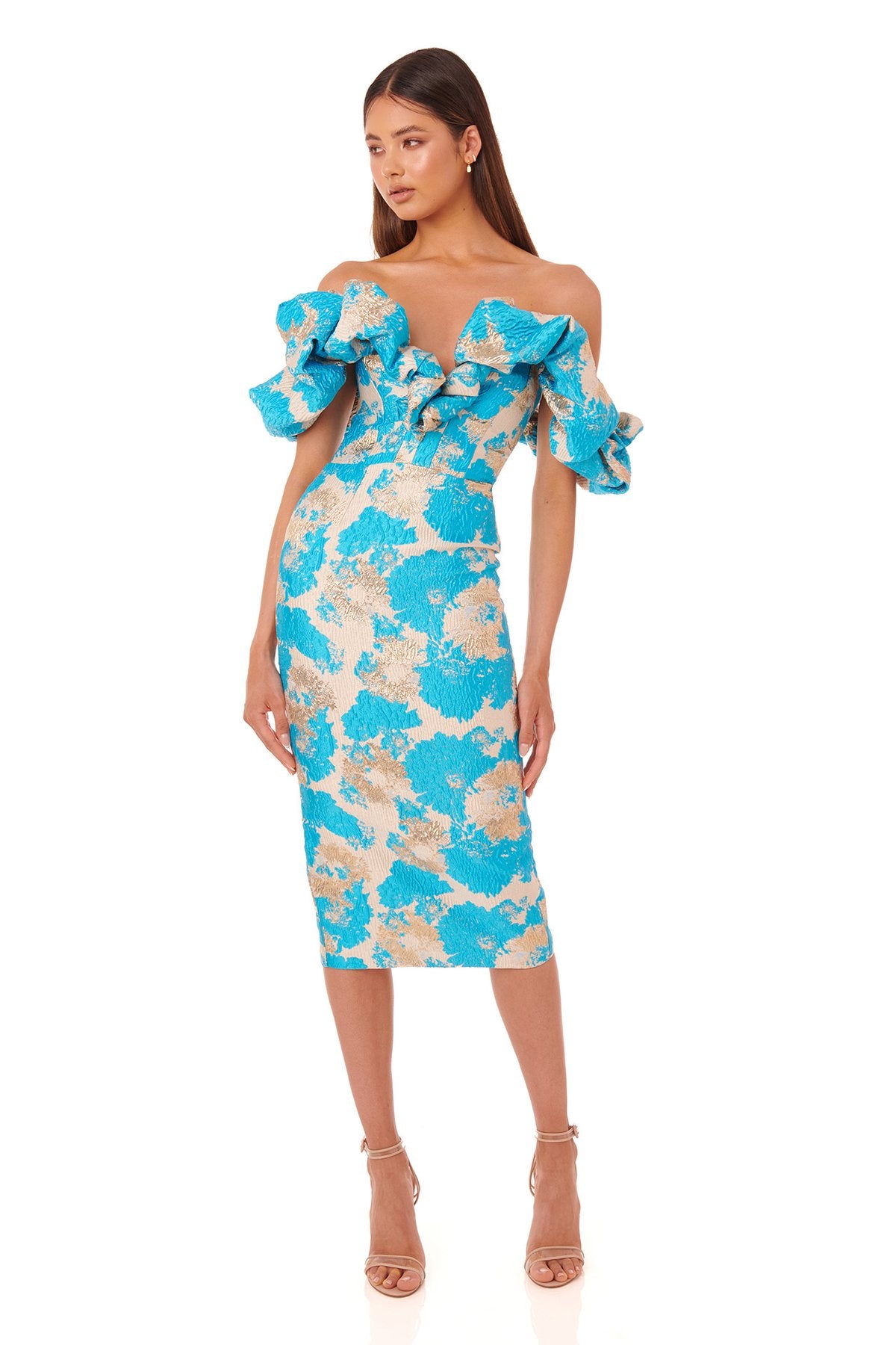 Puff Off The Shoulder Midi Dress Blue HV8487