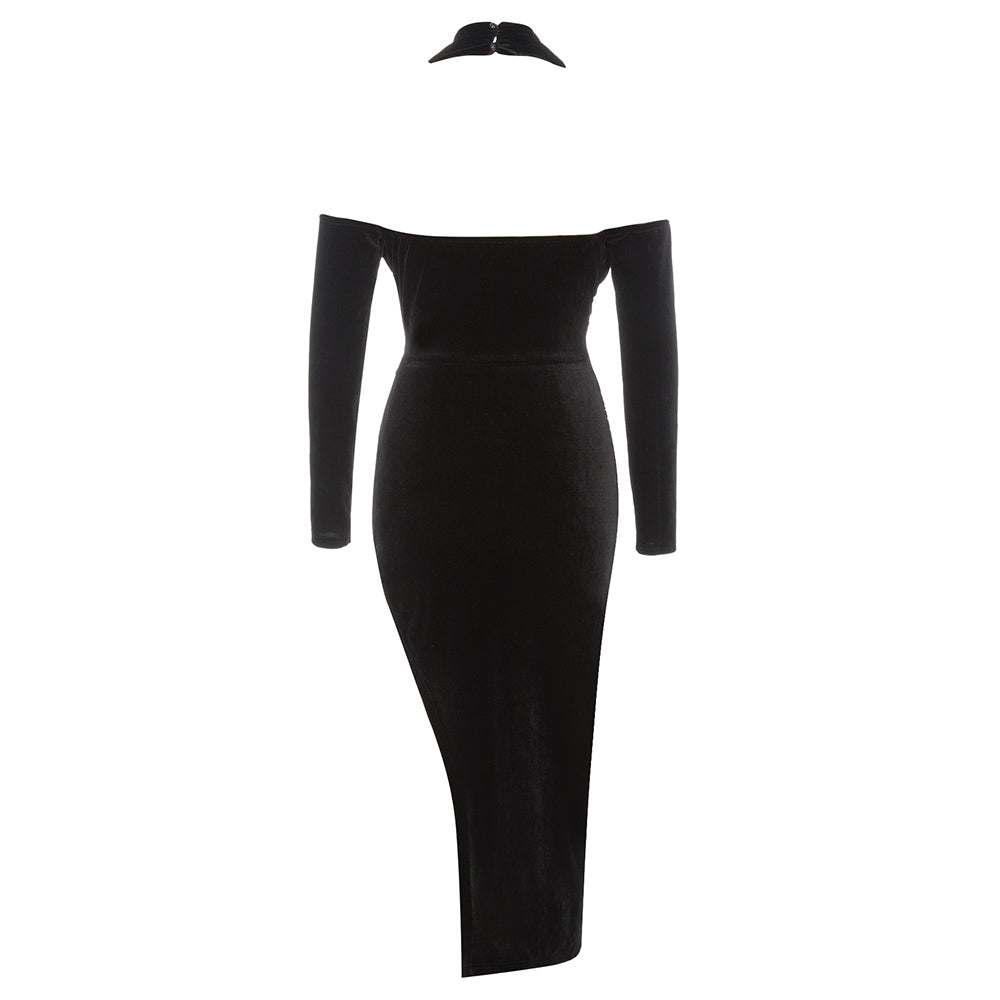 Long Sleeve Halter Midi Velvet Dress HV8969