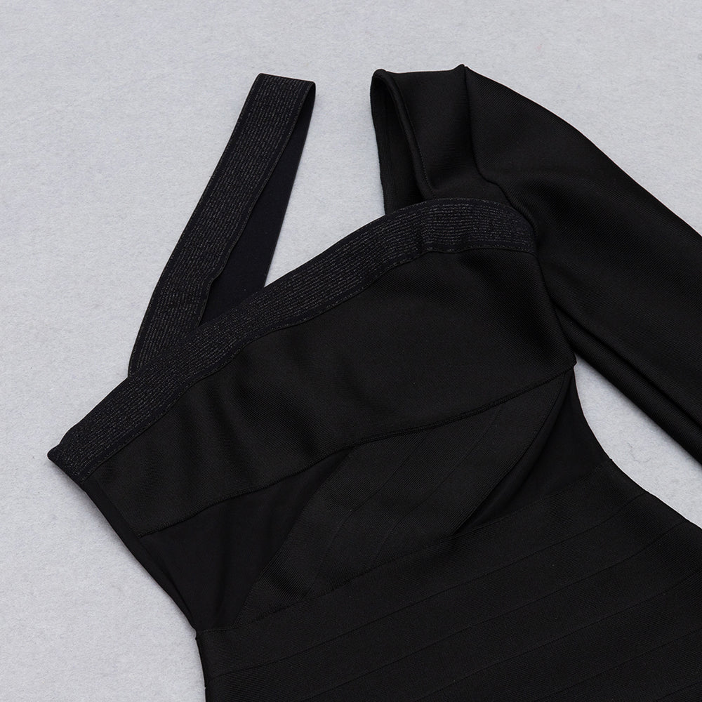 One Sleeve Mesh Insert Dress Black V9011