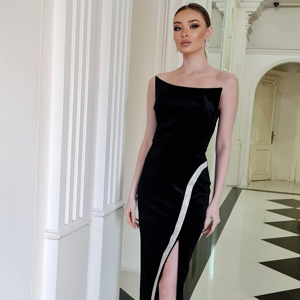 Strapless Silver Trim Midi Velvet Dress HV8881