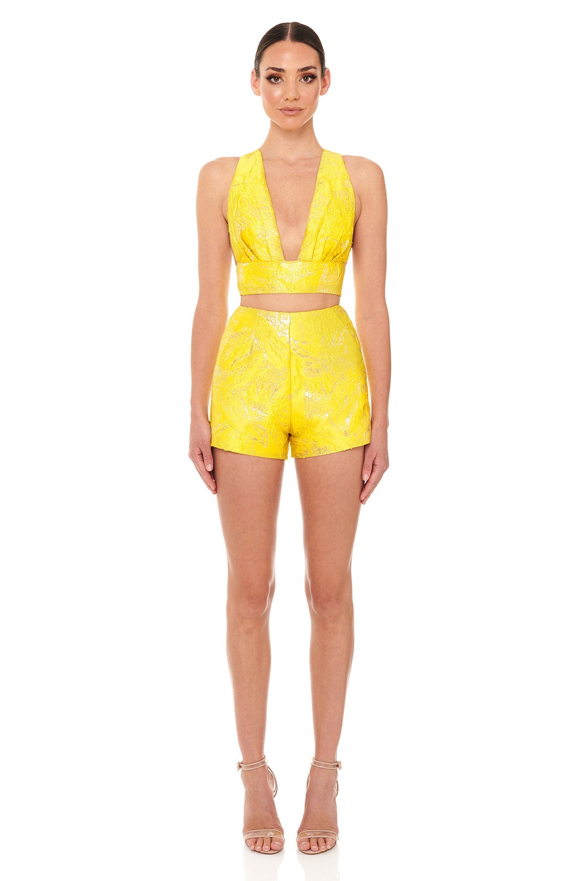 Sparkly Crop Top Shorts Set Yellow HV8488