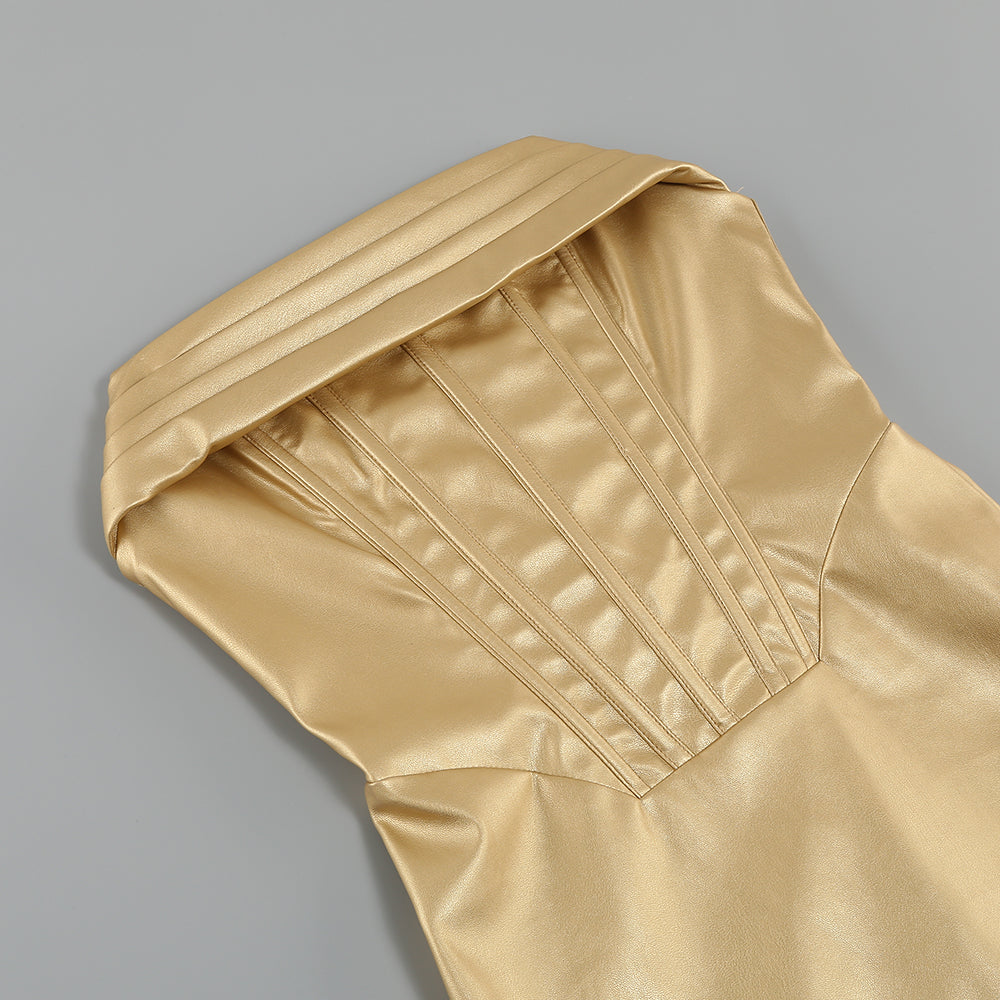 Strapless Draped Corset Faux Leather Dress Gold HV8839