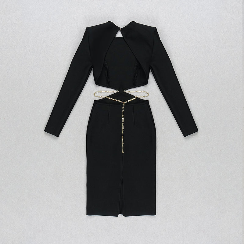 Long Sleeve Backless Chain Midi Dress HV7850