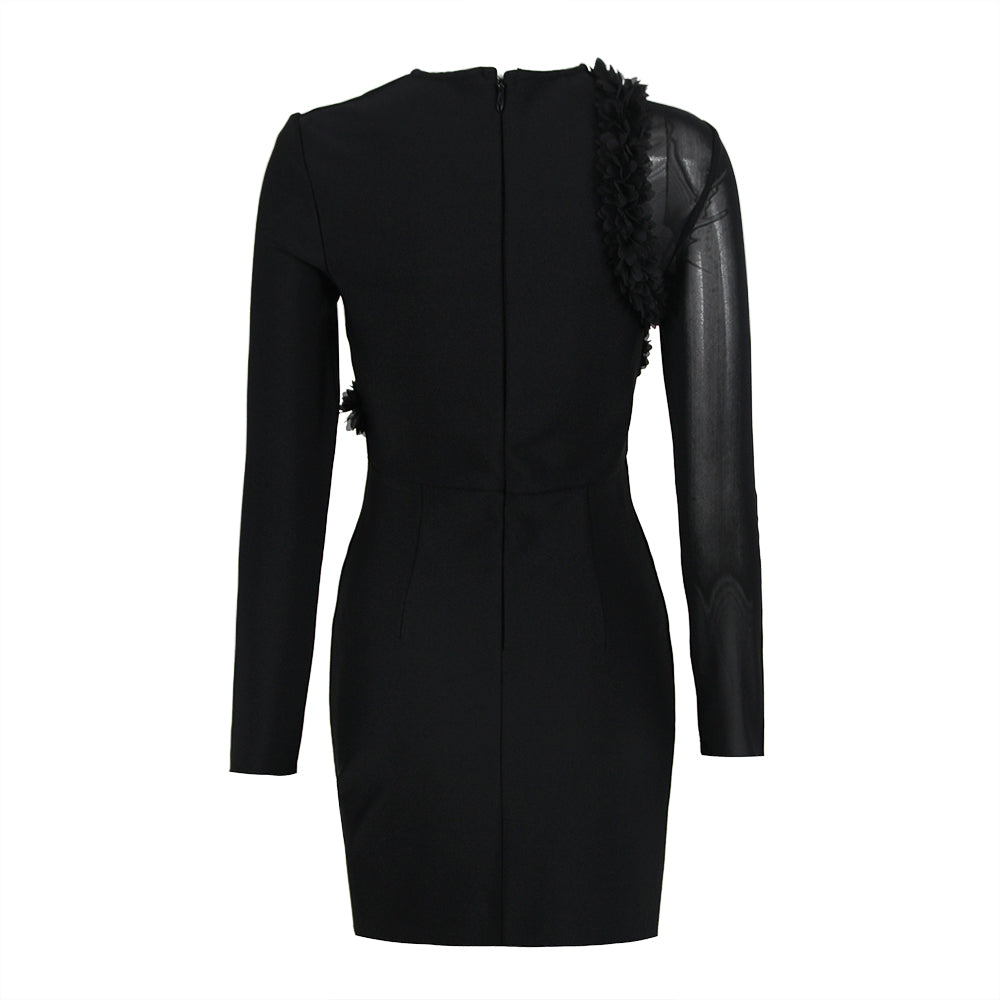 Long Sleeve Petal Detail Dress Black V9075D