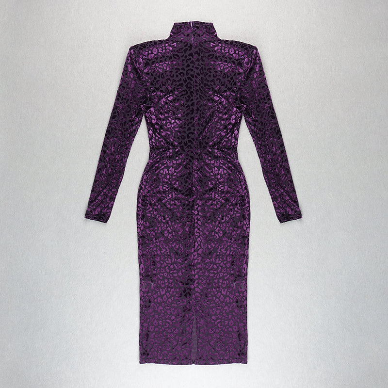 Long Sleeve Animal Print Midi Velvet Dress HV7605