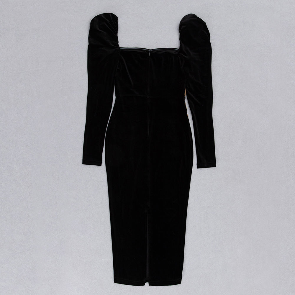 Puff Long Sleeve Mesh Midi Velvet Dress HV9013