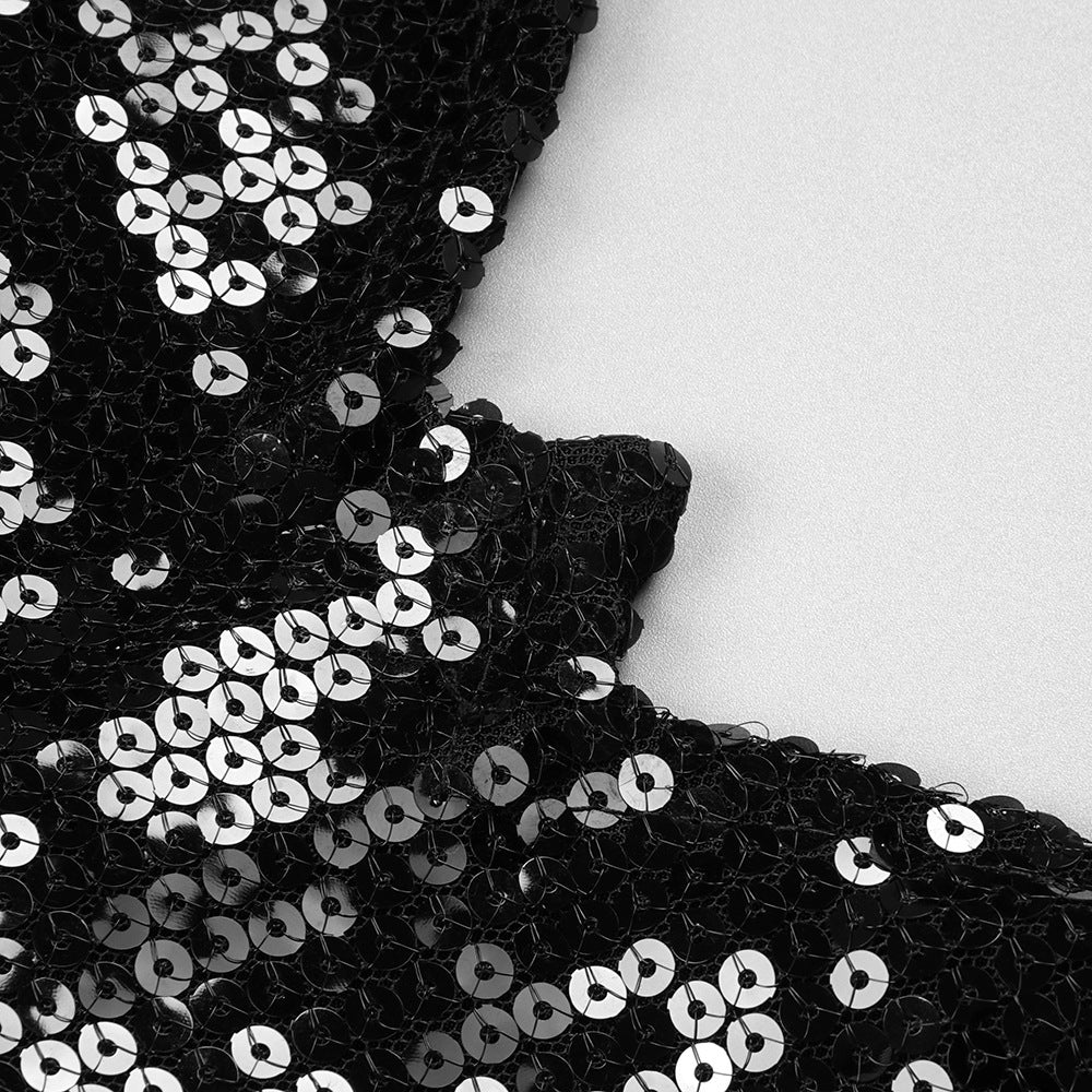 One Sleeve Sequin Feather Dress Black HV9078