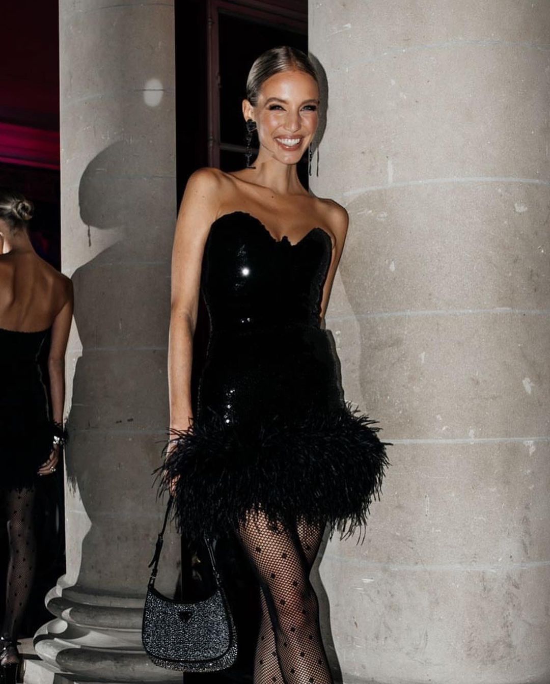 One Sleeve Sequin Feather Dress Black HV9078