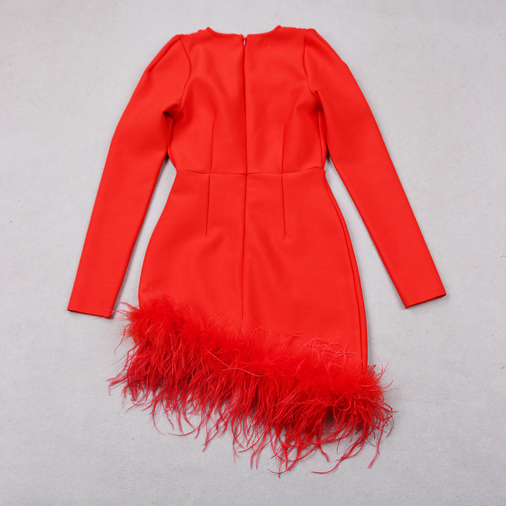 Long Sleeve Feather Hem Dress Red HV9038