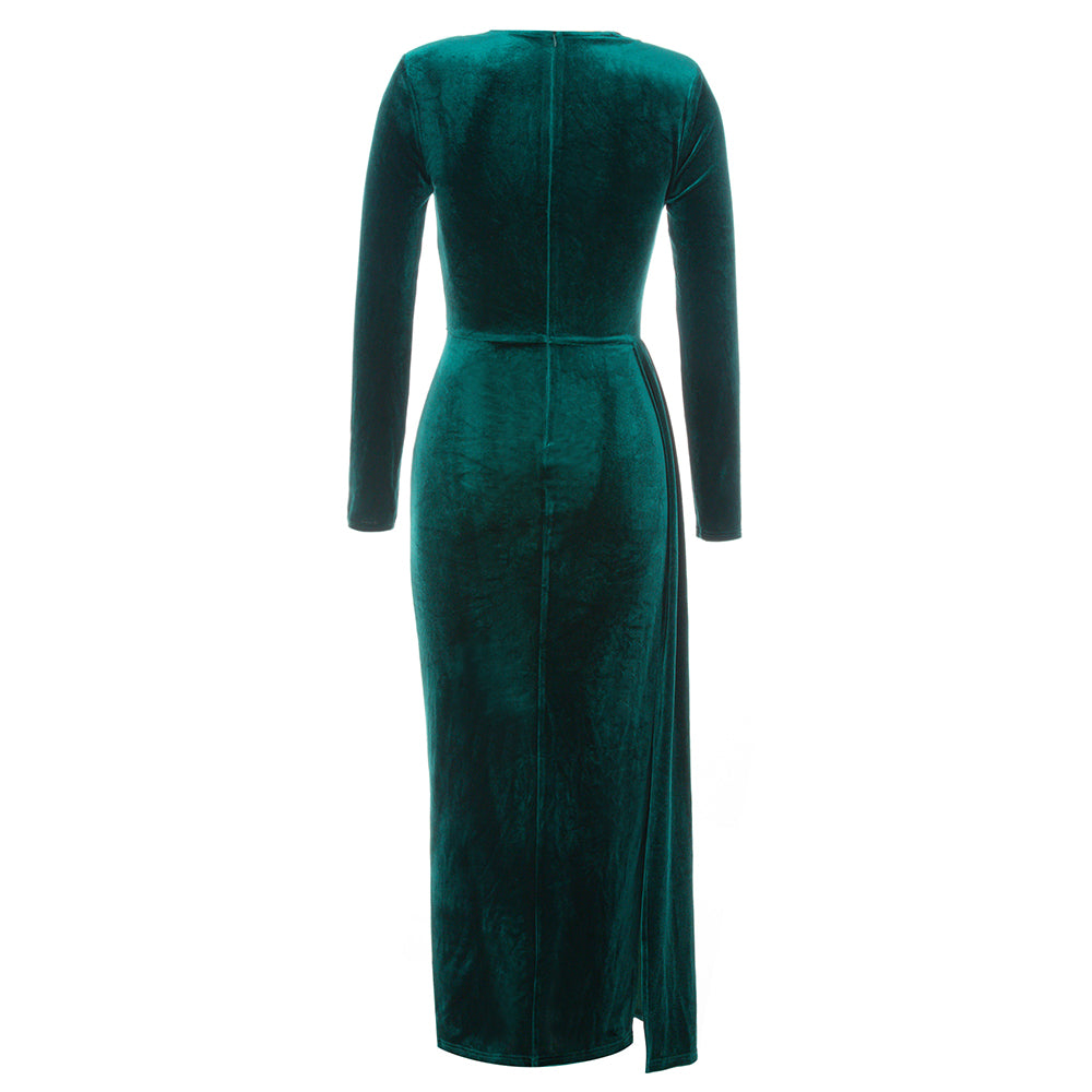 Long Sleeve Draped Midi Velvet Dress HV8990