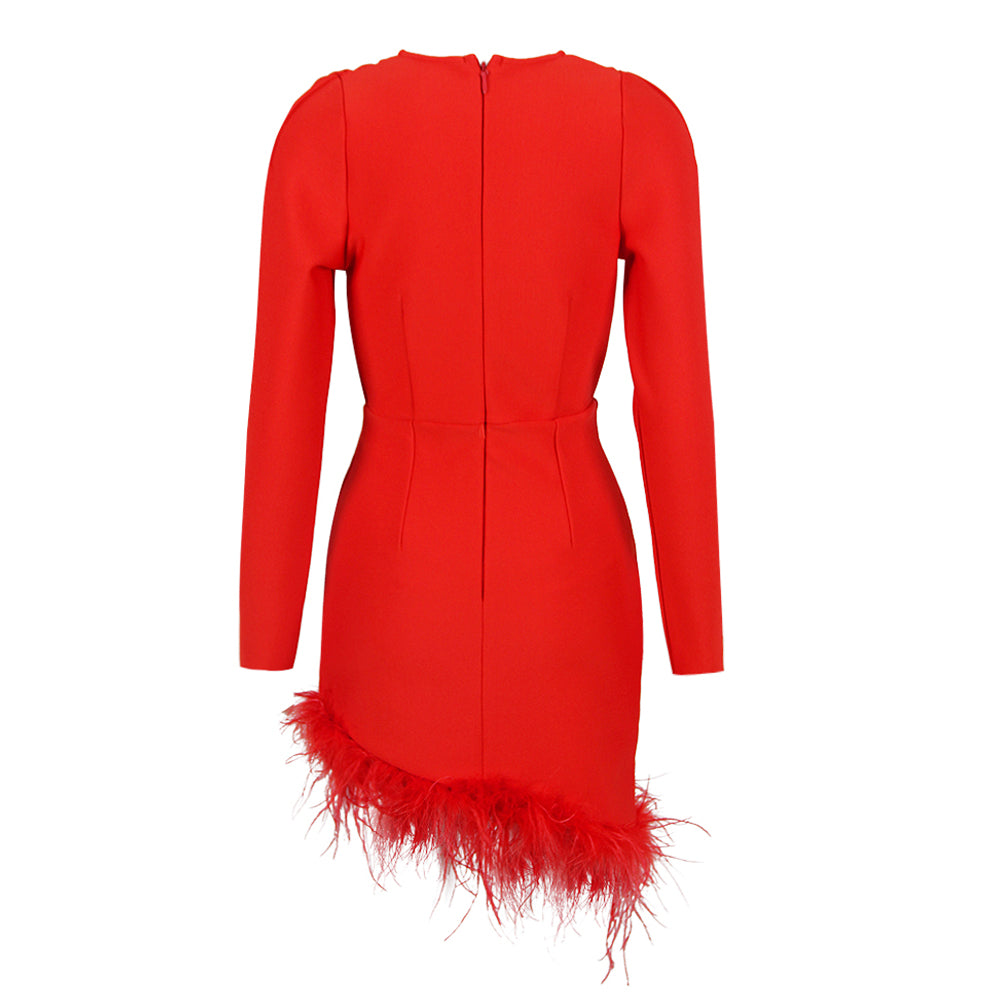 Long Sleeve Feather Hem Dress Red HV9038