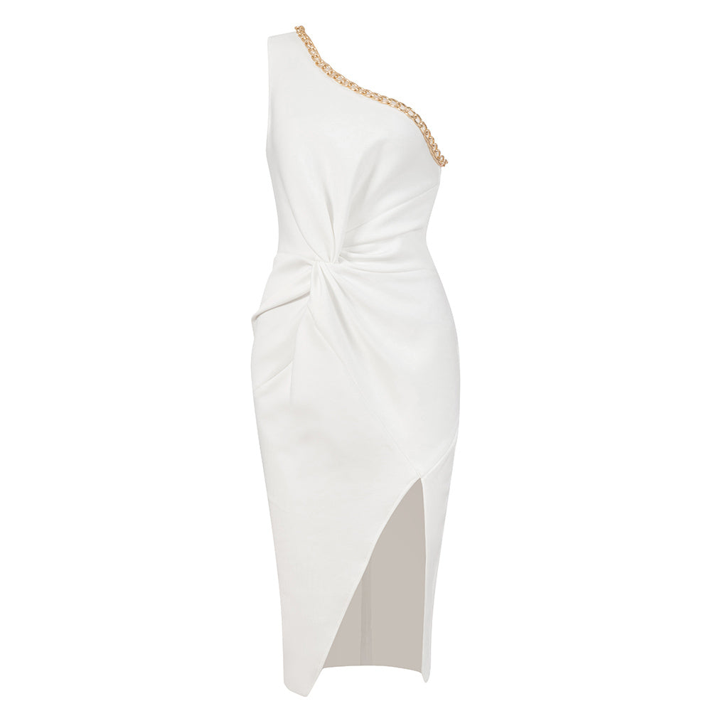 One Shoulder Chain Detail Draped Midi Dress HV8451