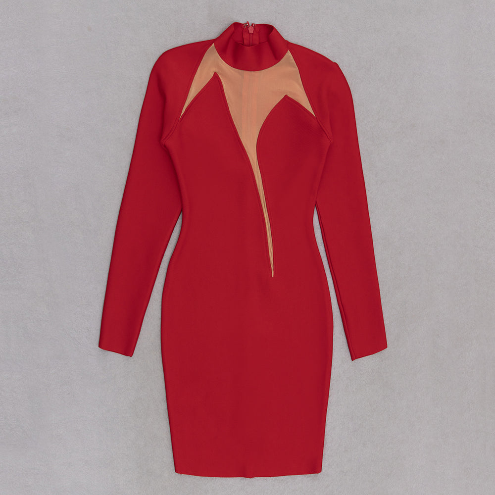 Long Sleeve Mesh Insert Dress V9017