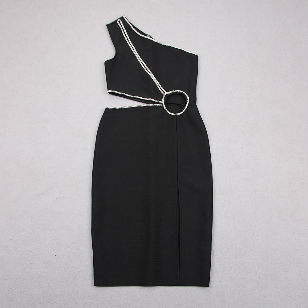 One Shoulder Rhinestone Trim Dress