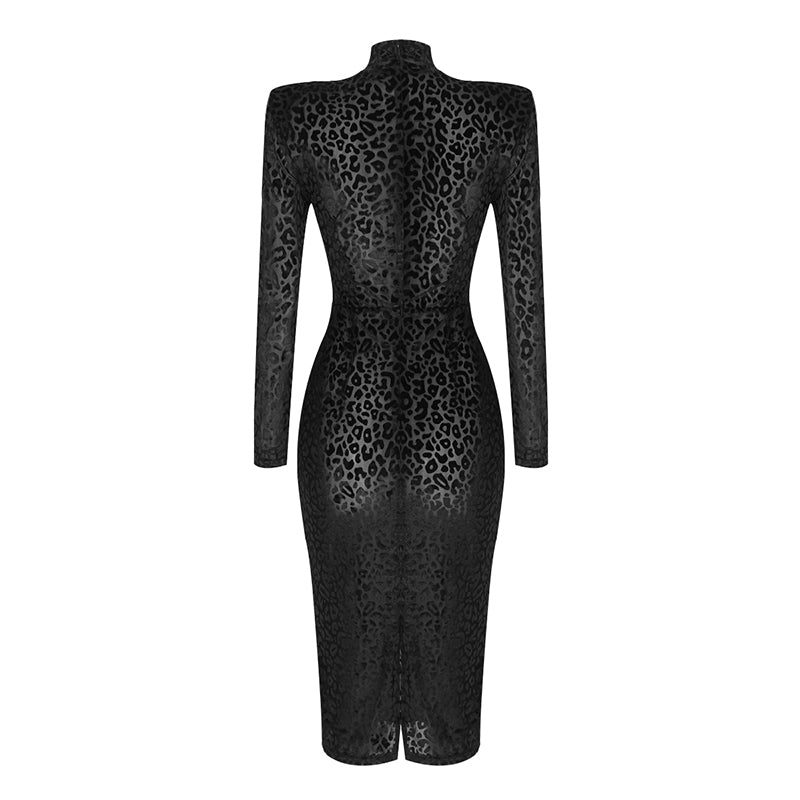 Long Sleeve Animal Print Midi Velvet Dress HV7605