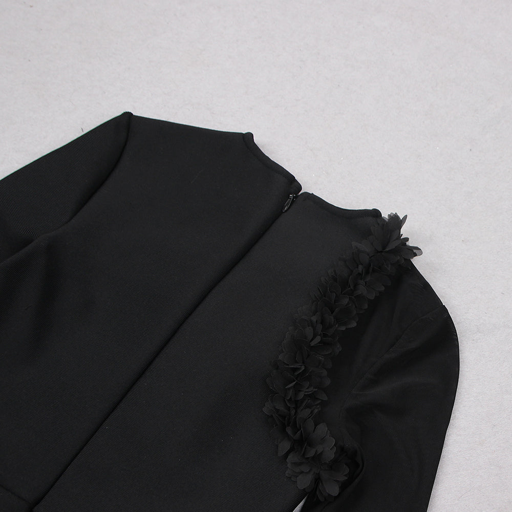 Long Sleeve Petal Detail Dress Black V9075D