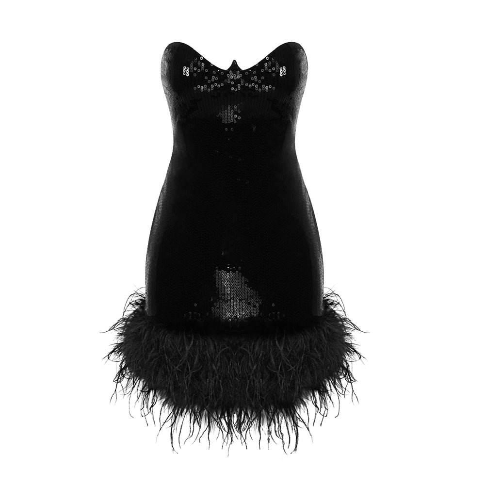 One Sleeve Sequin Feather Dress Black HV9078