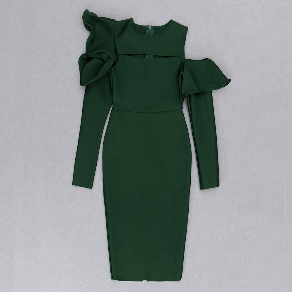 Long Sleeve Ruffle Detail Midi Dress HV9015
