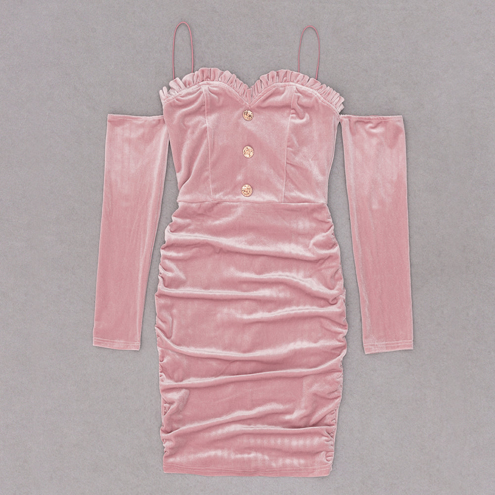 Long Sleeve Ruffle Detail Draped Velvet V8986