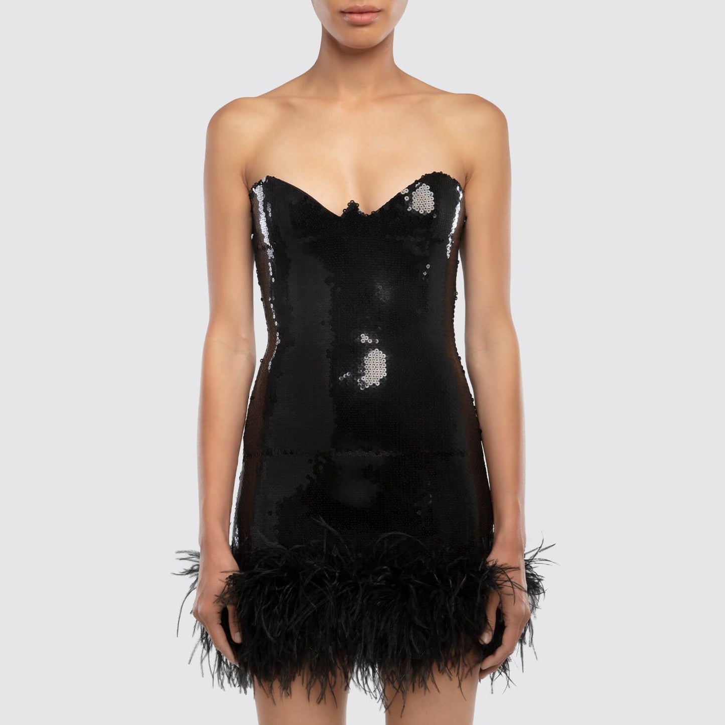 One Sleeve Sequin Feather Dress Black HV9078