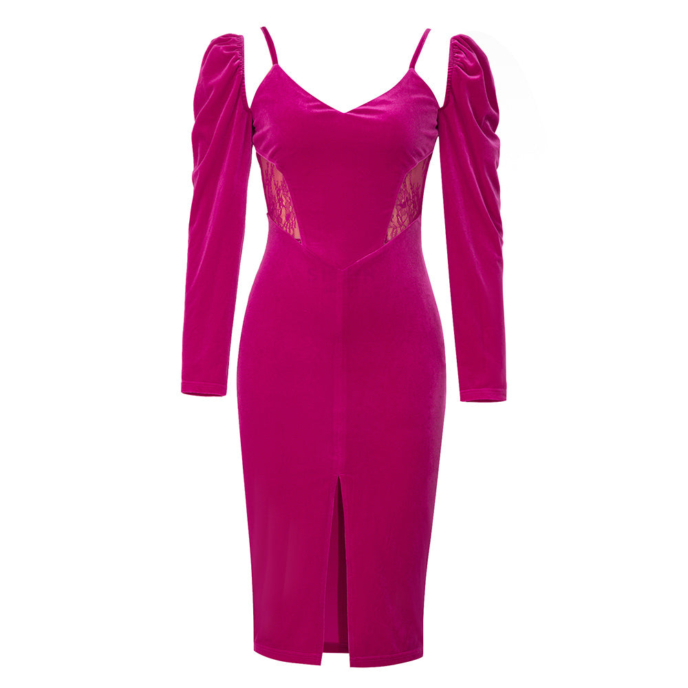 Long Sleeve Lace Insert Midi Velvet Dress Hot Pink