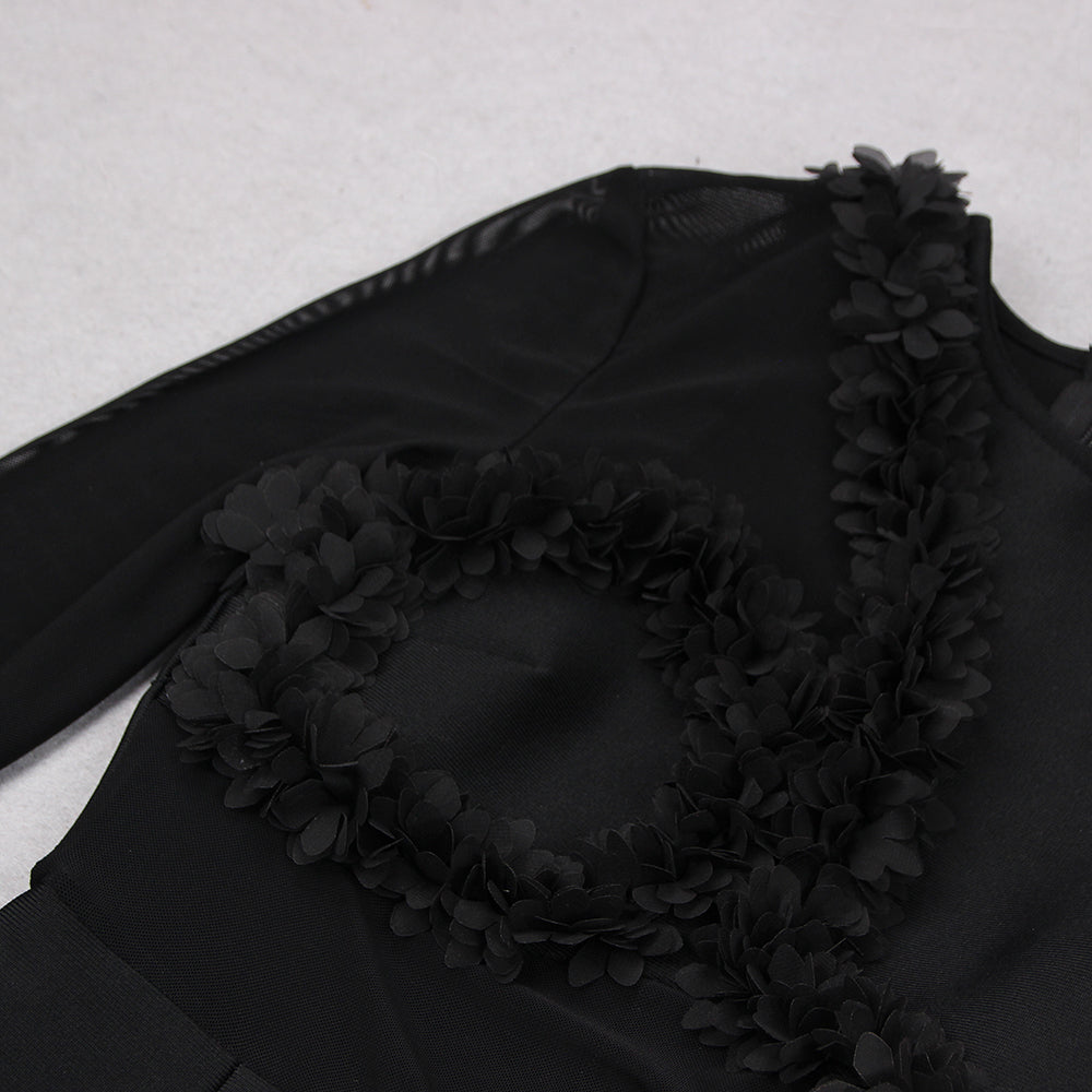 Long Sleeve Petal Detail Dress Black V9075D