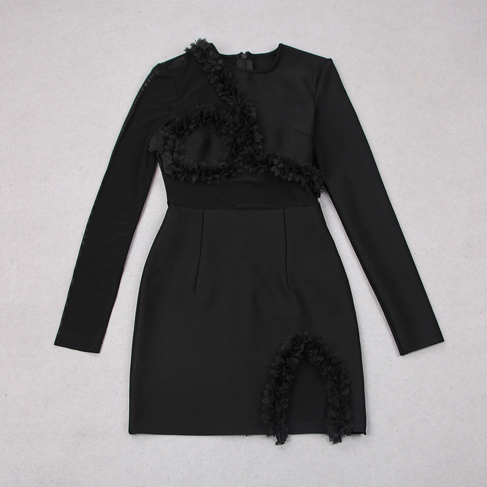 Long Sleeve Petal Detail Dress Black V9075D