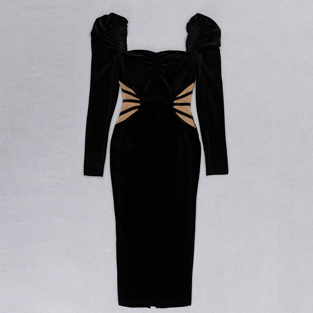 Puff Long Sleeve Mesh Midi Velvet Dress HV9013