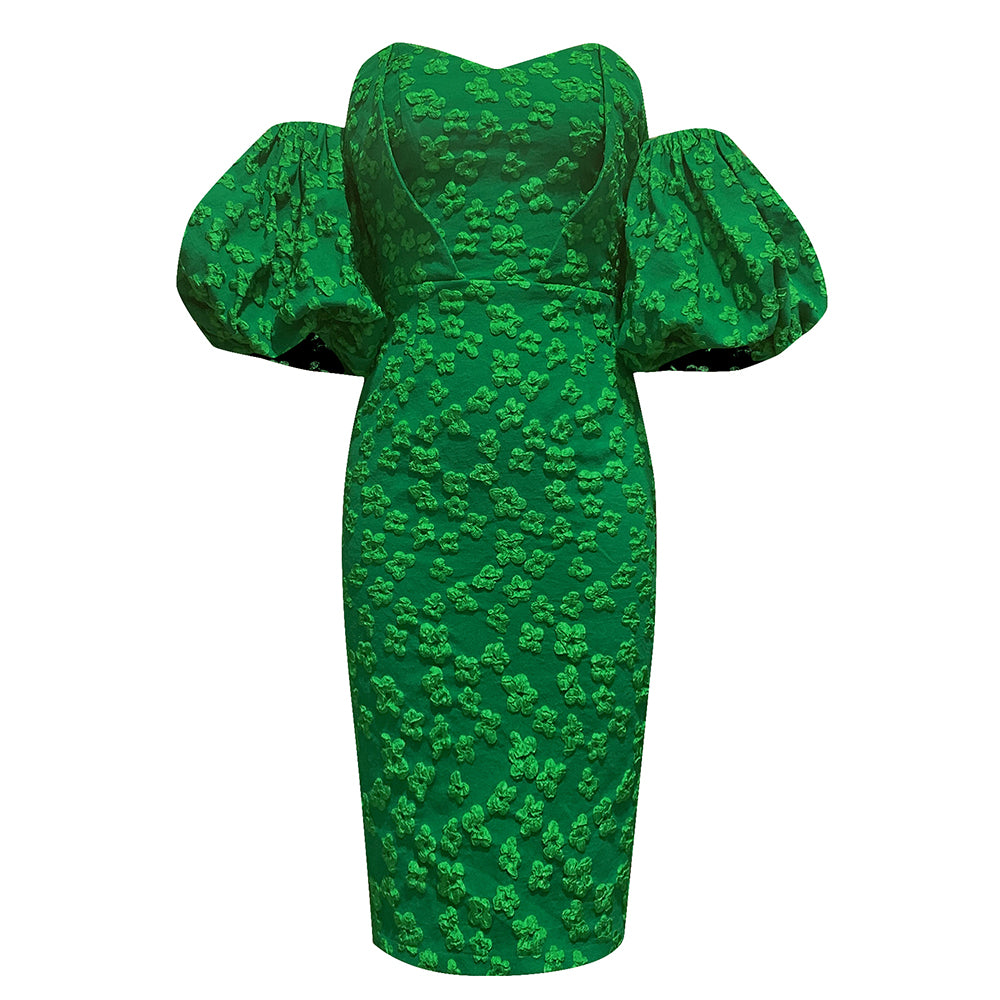 Floral Puff Sleeve Off Shoulder Dress Green HV8783