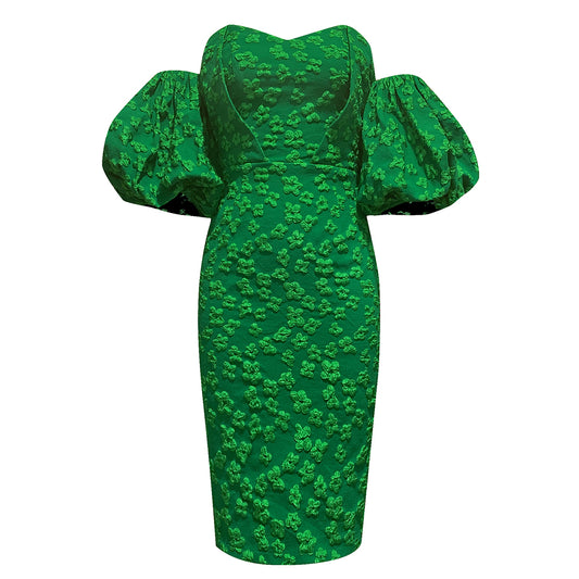Floral Puff Sleeve Off Shoulder Dress Green HV8783