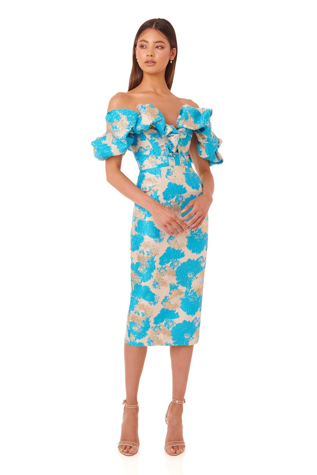 Puff Off The Shoulder Midi Dress Blue HV8487