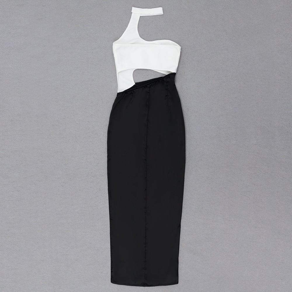 Halter Asymmetric Midi Dress Black White HV8547