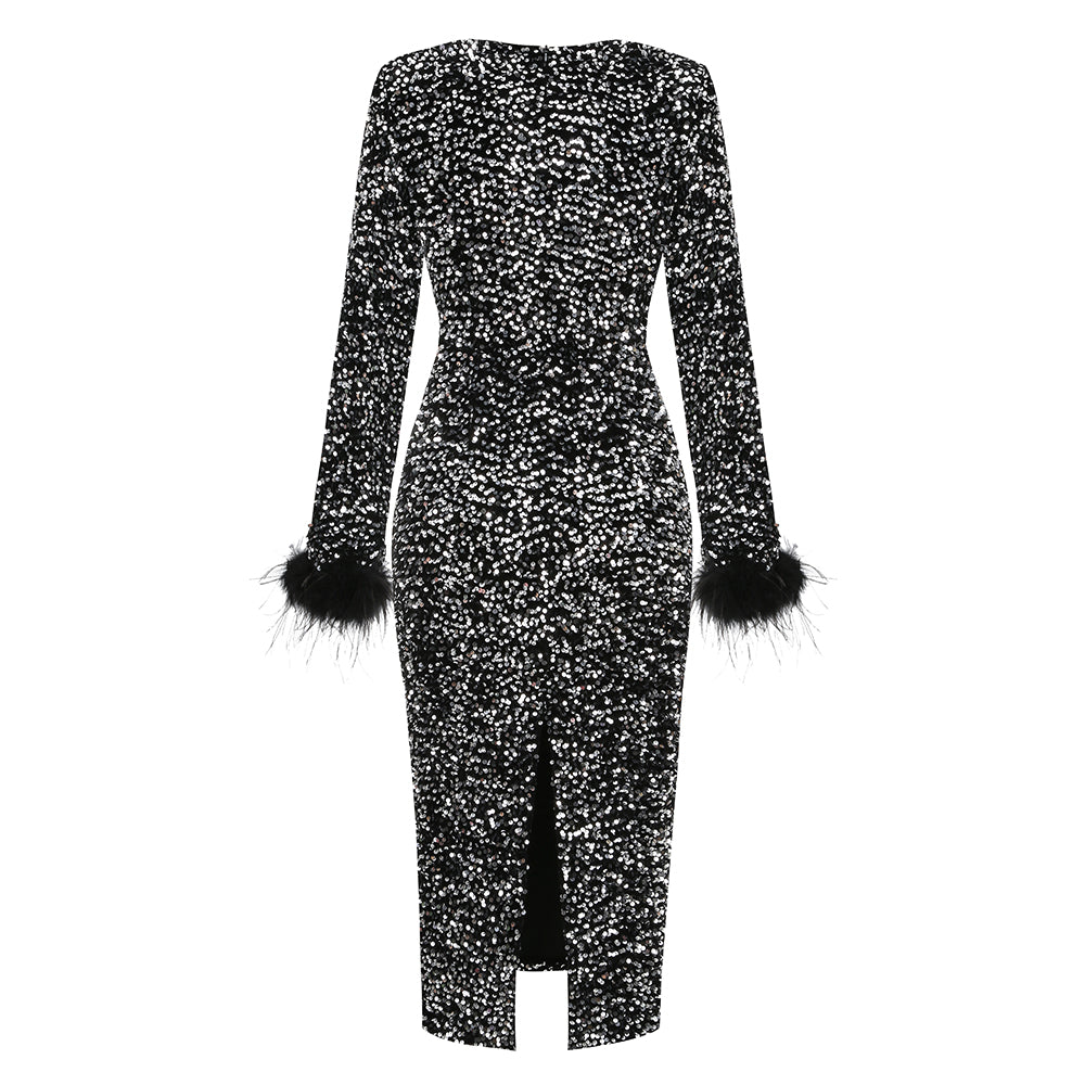 Long Sleeve Feather Sequin Midi Dress HV8915