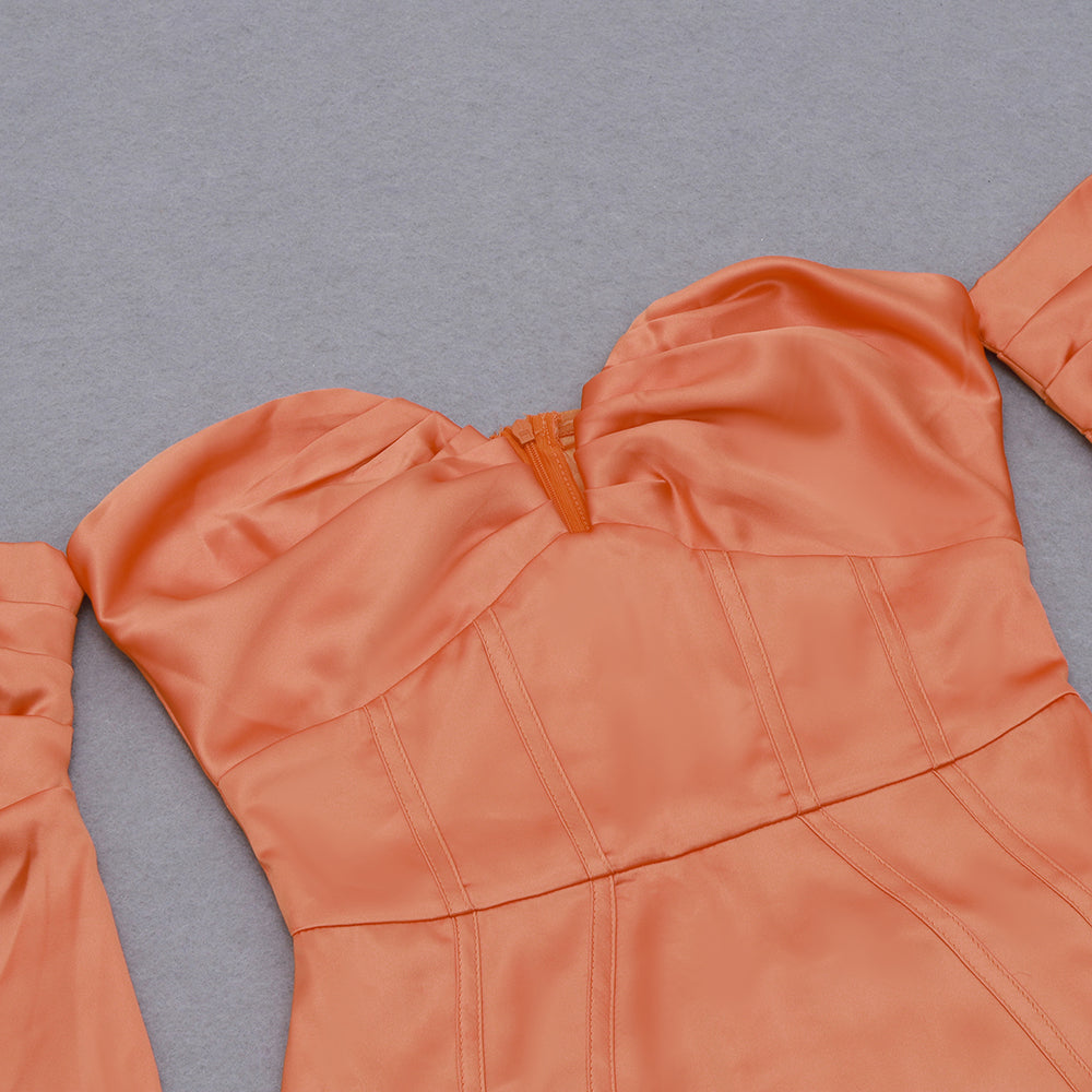 Long Sleeve Bardot Satin Dress Rust Orange HV8007