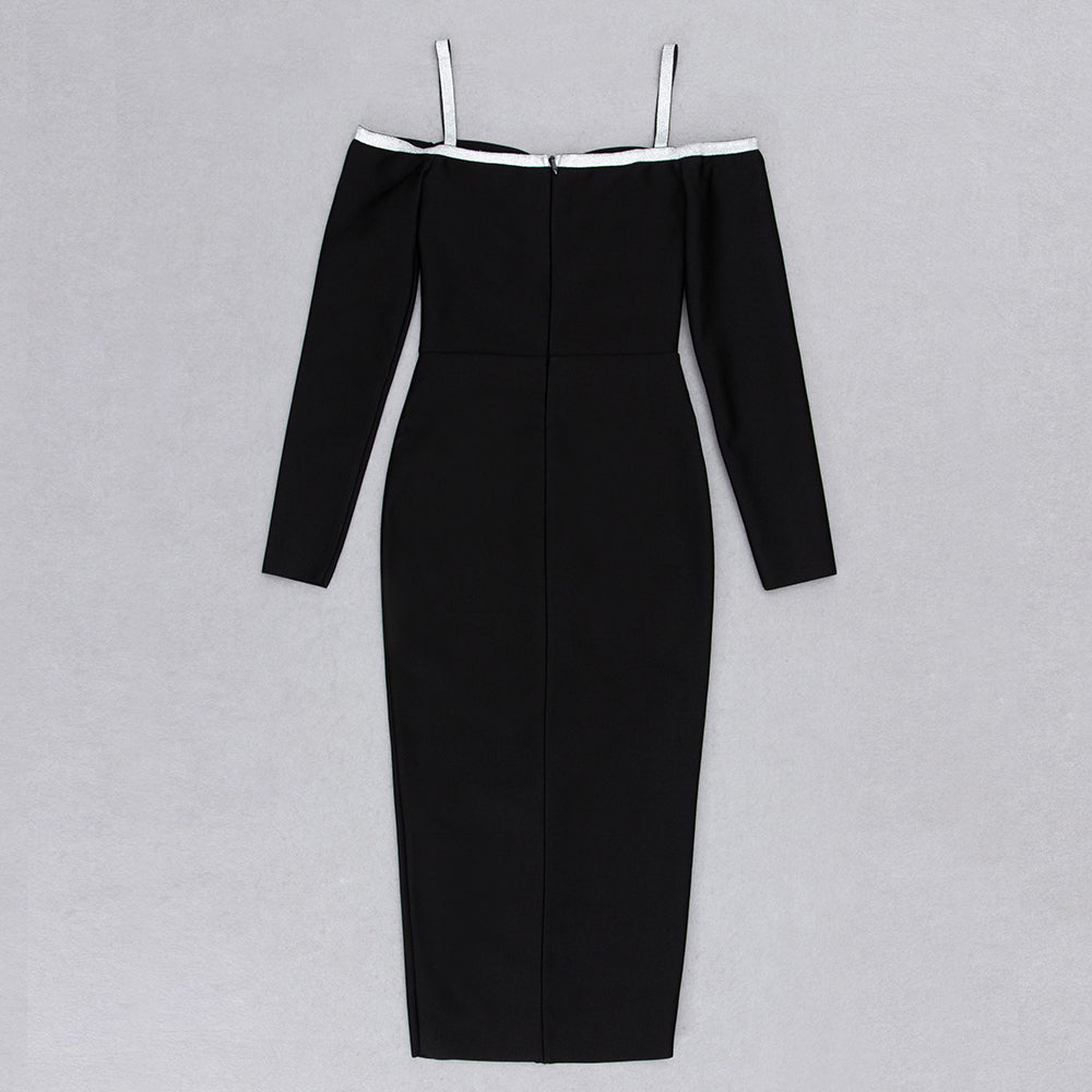 Long Sleeve Silver Trim Midi Dress Black HV9009