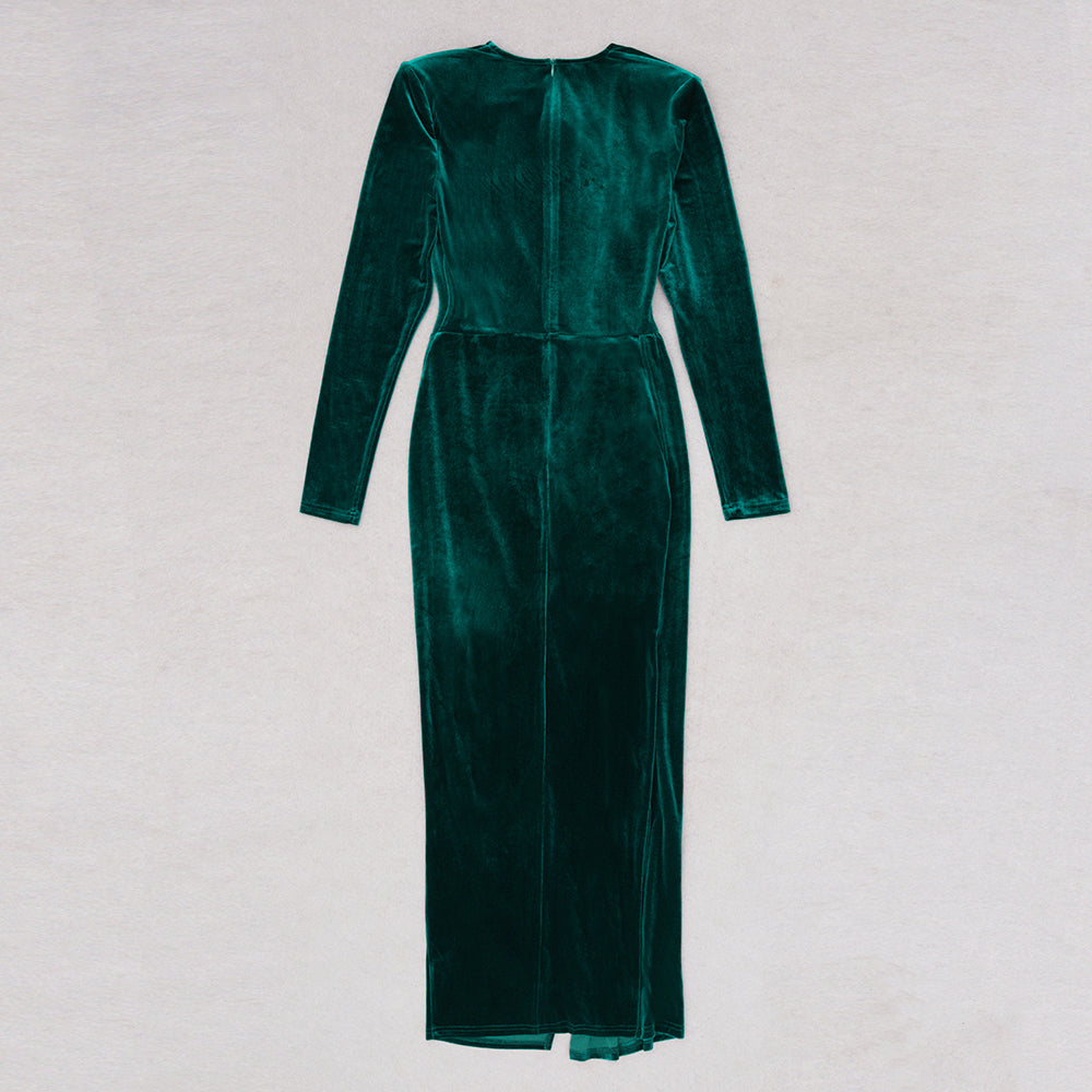 Long Sleeve Draped Midi Velvet Dress HV8990