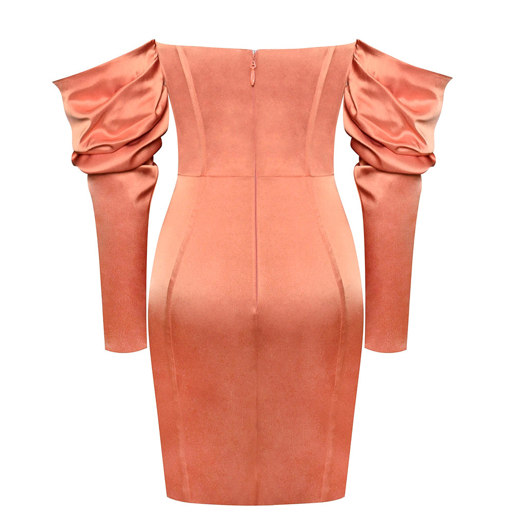 Long Sleeve Bardot Satin Dress Rust Orange HV8007