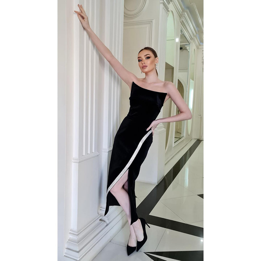 Strapless Silver Trim Midi Velvet Dress HV8881