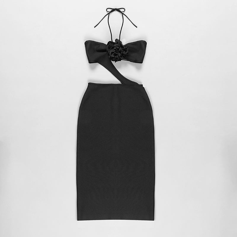 Halter Flower Detail Midi Dress Black  HV8456