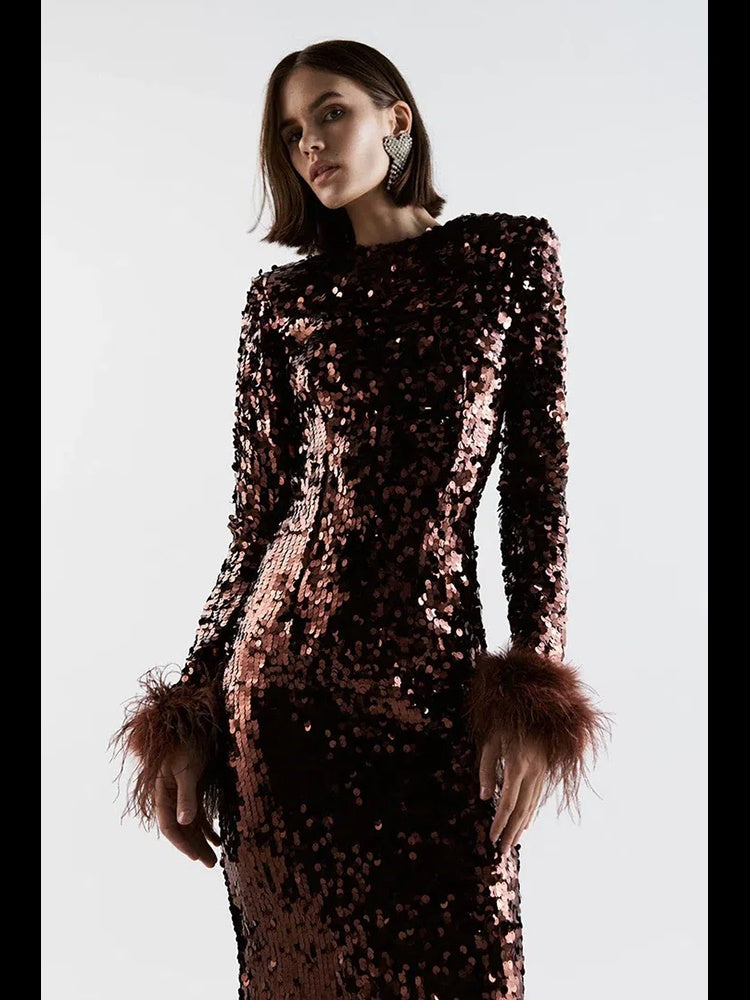 Long Sleeve Feather Sequin Midi Dress HV8915