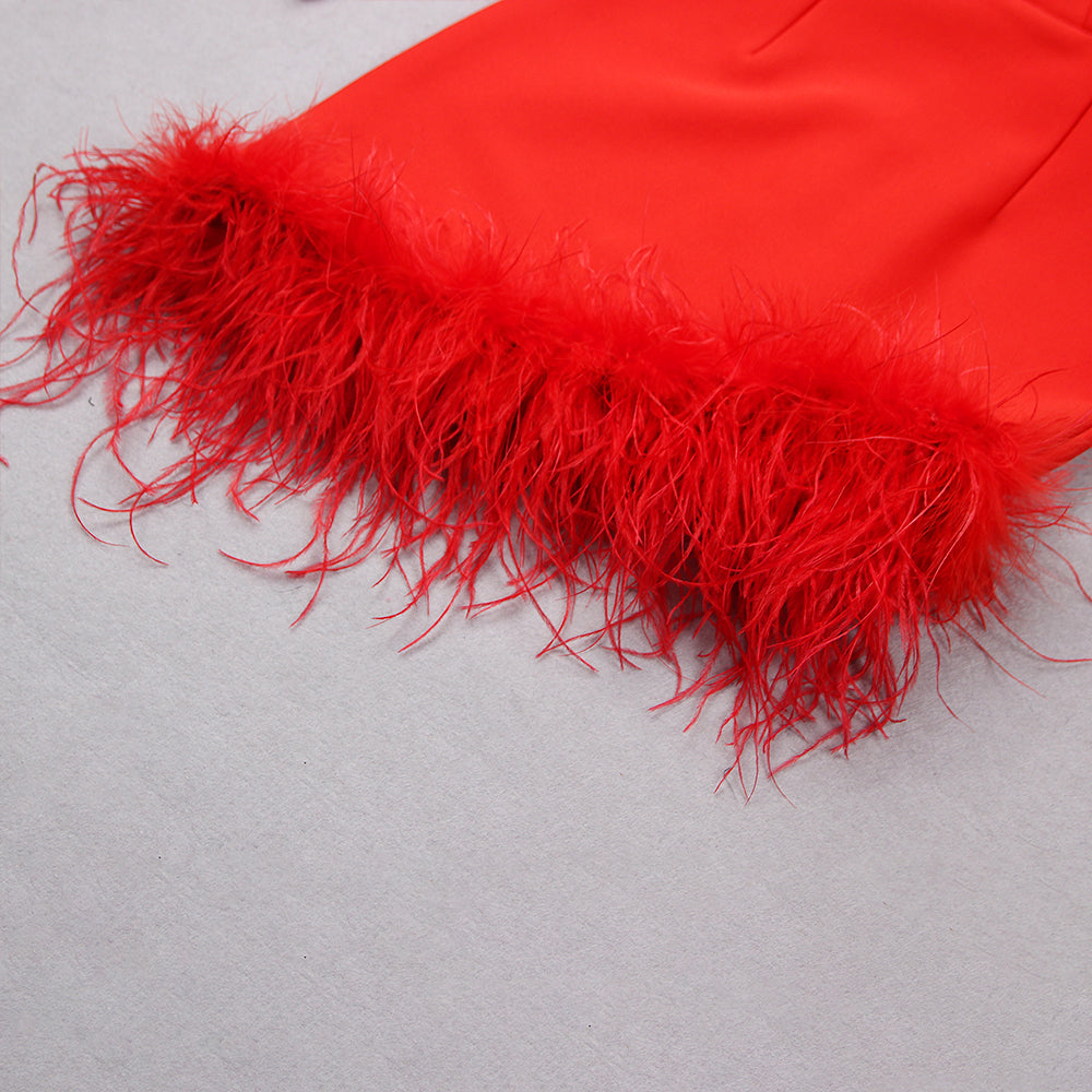 Long Sleeve Feather Hem Dress Red HV9038