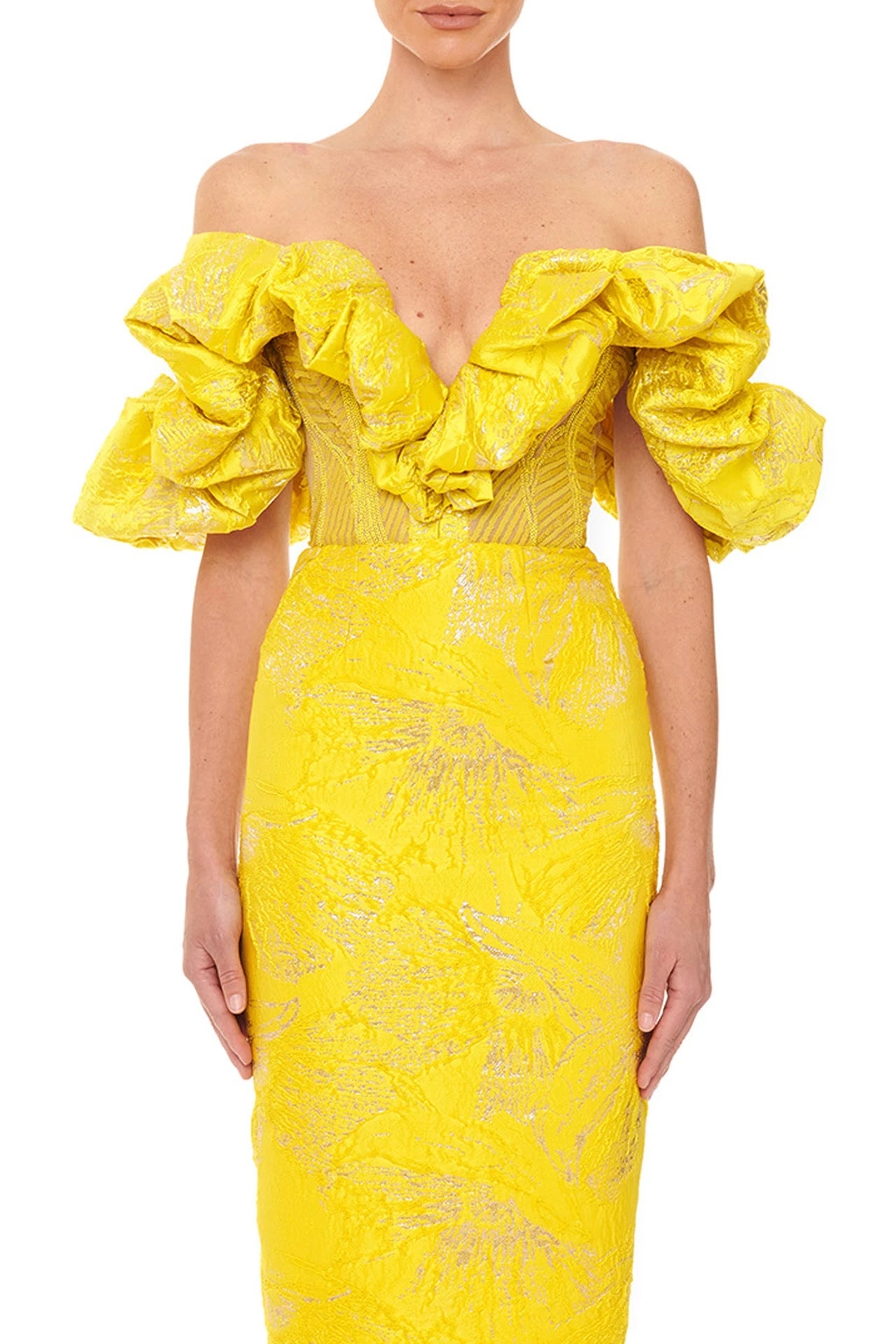 Puff Off Shoulder Corset Sparkly Midi Dress HV8489
